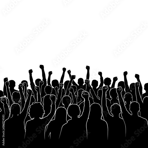 Silhouettes of people raising fists high.