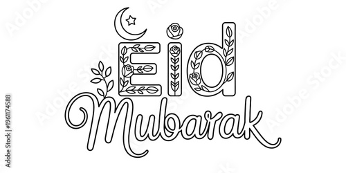 Photography Decorative eid mubarak coloring page with floral letters and a crescent moon wit