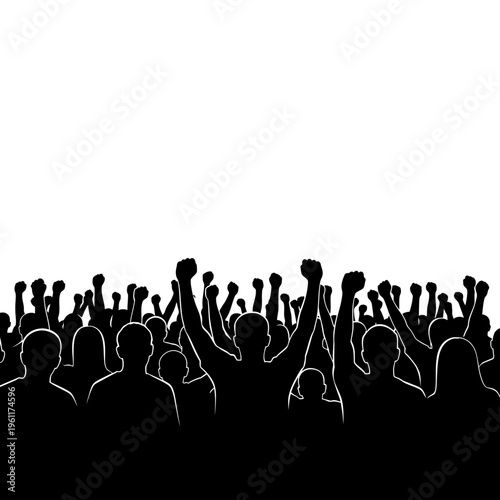 Silhouettes of people raising hands up.