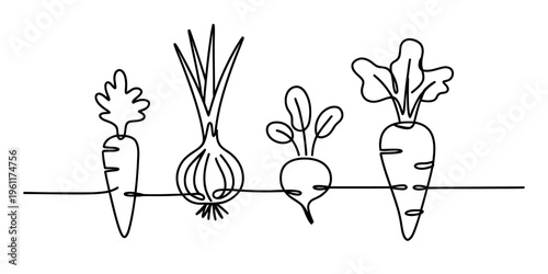 Minimalist continuous line drawing of root vegetables like carrot onion and radish on white