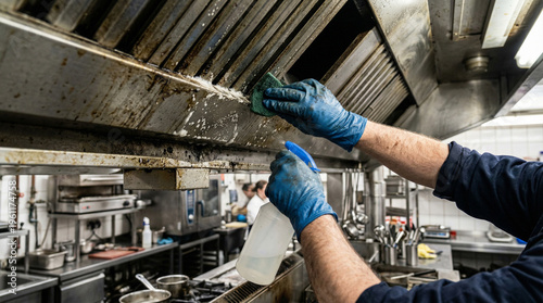 Close-up of a professional technician's hands degreasing a stainless steel extractor hood in a commercial kitchen, deep cleaning and industrial maintenance concept