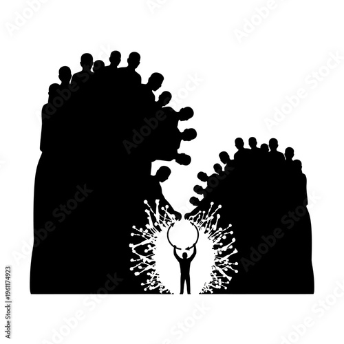 Person standing between two large figures.