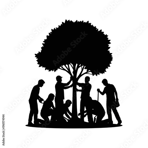 People working together planting tree.
