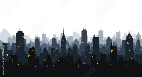 Flat 2D illustration of a city skyline at dusk with a surge of lights against a white background, conveying an urban energy scene with a price and crisis implied by the dark and light contrast.