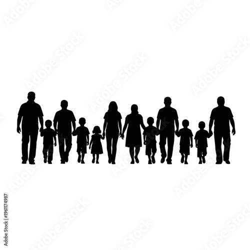Silhouette of a large family walking.