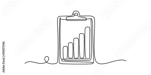 Continuous line drawing of a clipboard with a rising bar chart showing business growth.