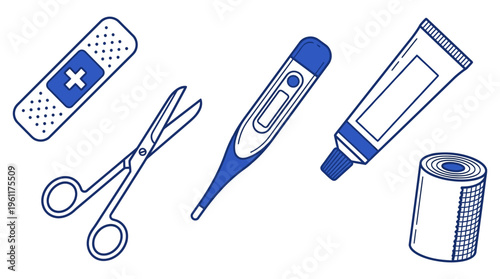 First Aid Kit Essentials Vector  Emergency Medical Supplies Illustration, Healthcare Safety Equipment Graphic for Educational Content