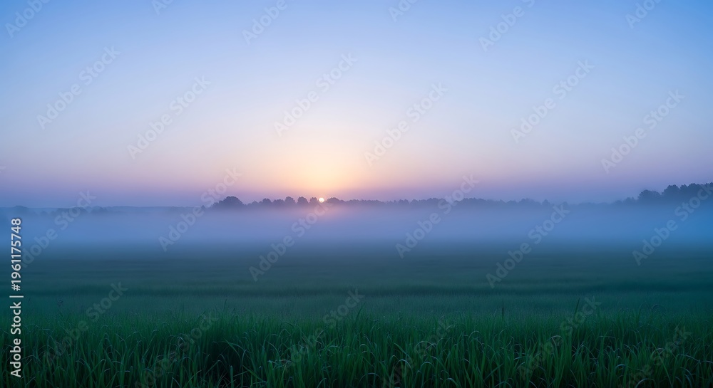 Obraz premium A sunrise over a misty green field, with trees on the horizon, bathed in soft, cool light