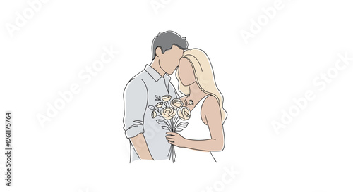 Romantic illustration of a couple in love, sharing an intimate moment with a bouquet of flowers.
