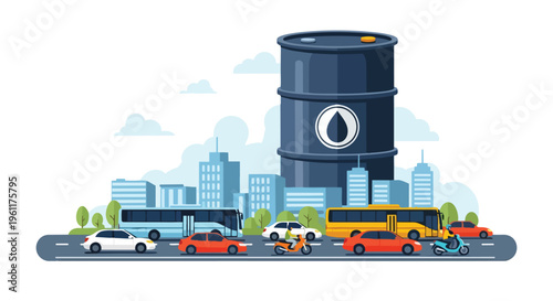 Flat 2D illustration of a cityscape with a large oil barrel, depicting a surge in energy demand during an economic crisis with rising oil price, with a busy road and various vehicles.
