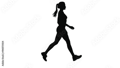 Female athlete silhouette demonstrates brisk walking motion against a pure white background for fitness.
