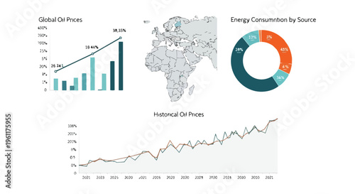 Infographic illustrating global oil prices and energy consumption with graphs and a world map on a flat 2D surface, depicting a surge in prices during an energy crisis.