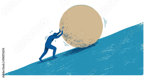 Man Pushing Boulder Uphill Vector  Determination, Hard Work and Overcoming Challenges Concept, Motivation and Resilience Illustration