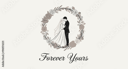 Romantic illustration of a wedding couple embracing within a beautiful floral wreath.