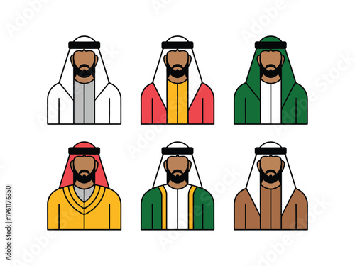 Vector illustration of six men wearing different colored traditional middle eastern headscarves and robes