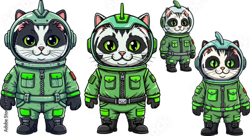 Cartoon cats, green space suits, astronaut felines, futuristic animals, vector characters