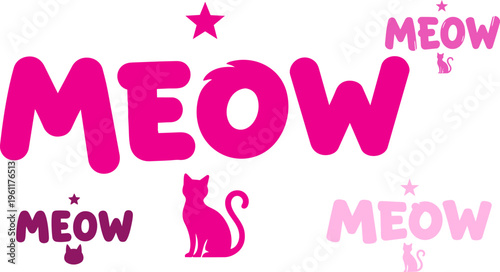 Pink cat icons, meow text graphics, feline vector set, colorful animal symbols