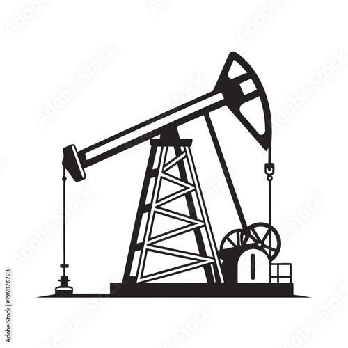  A bold, solid black vector silhouette of a pumpjack (nodding donkey) against a stark white background 