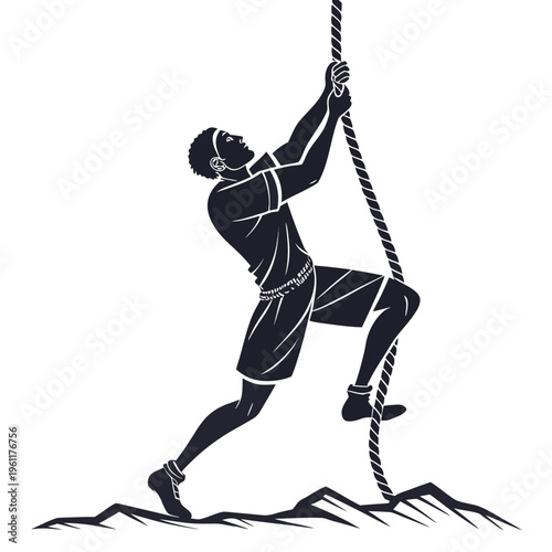 A black and white vector illustration of a man climbing a rope up a mountain