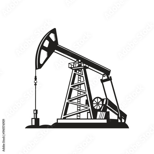 A bold, solid black vector silhouette of a pumpjack (nodding donkey) against a stark white background
