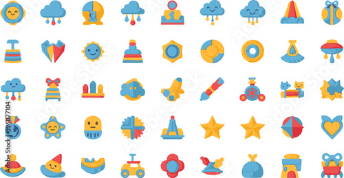 Colorful baby toys and objects on white background