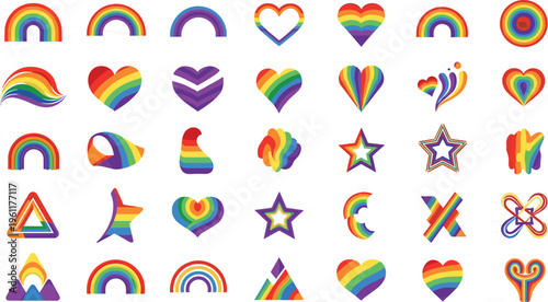 Collection of rainbow colored LGBT pride symbols and icons