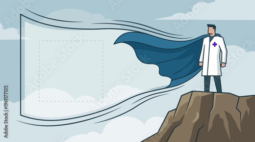 Medical Superhero Doctor Vector  Healthcare Hero Concept with Cape and Cross Symbol, Medical Worker Appreciation, Hospital Staff Strength Illustration