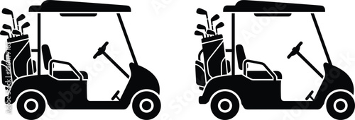 Black and white golf cart icons with golf bags and clubs, side view electric buggy silhouettes for sports transportation, isolated vector illustration elements (24 words)