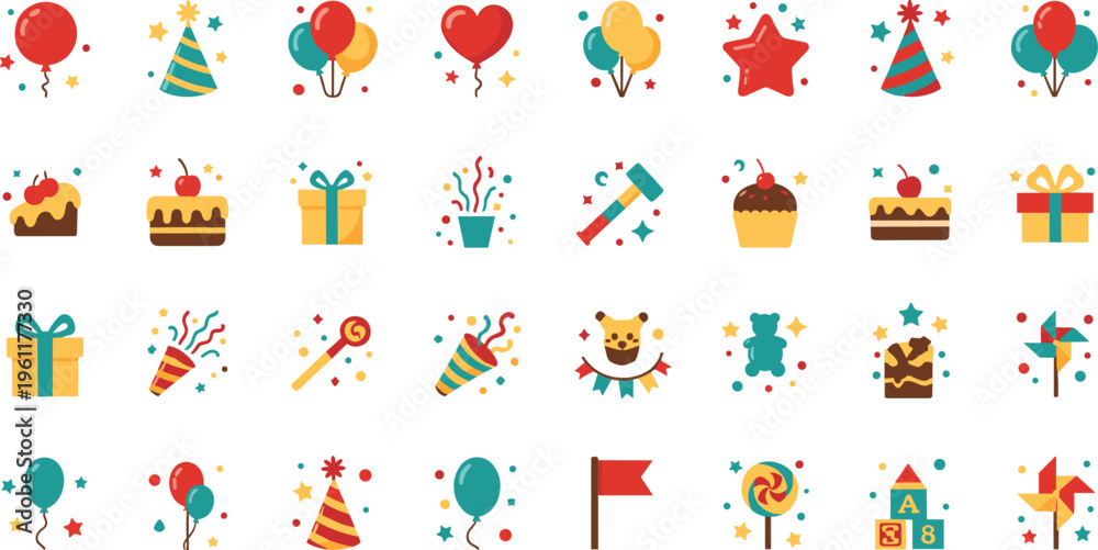Fototapeta premium Colorful birthday party icons and symbols on white background