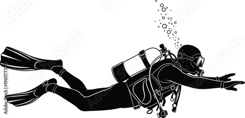 Detailed scuba diver silhouette swimming underwater with oxygen tank, fins, mask and air bubbles, isolated professional diving vector illustration set.