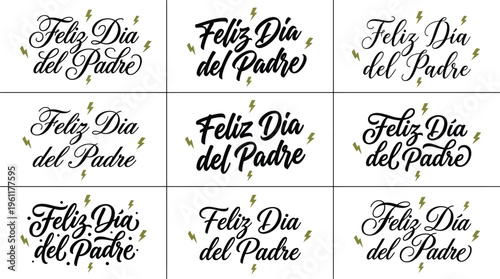 Feliz Dia del Padre calligraphy set, 9 Spanish Father's Day lettering designs, black hand drawn typography with gold lightning bolts, holiday greeting vector
