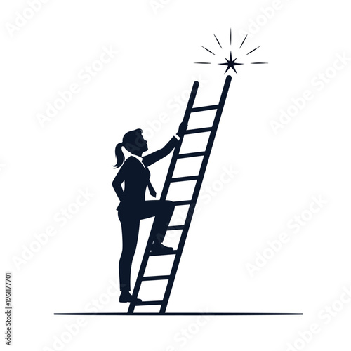 Businesswoman climbing ladder to success goal.