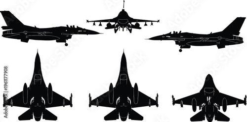 Black silhouette collection of supersonic jet fighters, military aircraft set with various angles, top view, profile, and front perspective, isolated.