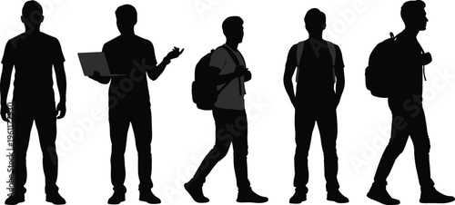 Black silhouette set of male students and young men with backpacks and laptop, walking and standing figures isolated on white.