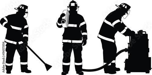 Black silhouette collection of firefighters in protective gear, emergency responders with fire hose, tools and equipment isolated on white background.