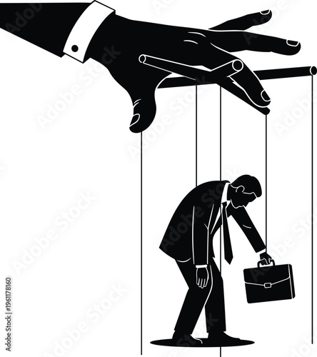 Black silhouette of giant hand manipulating businessman like a puppet on strings, concept of corporate control, workplace manipulation, and authority.