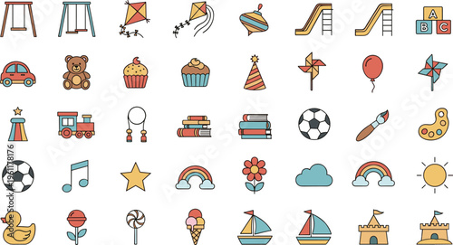 Colorful childish icons of toys and objects for kids