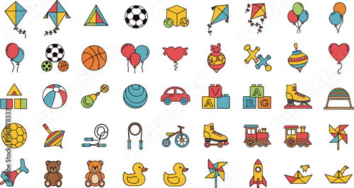 Colorful illustration of various children's toys and playthings on white