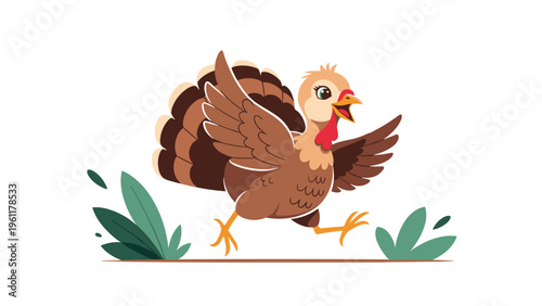Happy cartoon turkey runs through some green plants with its wings spread wide against a plain white background for a festive design.