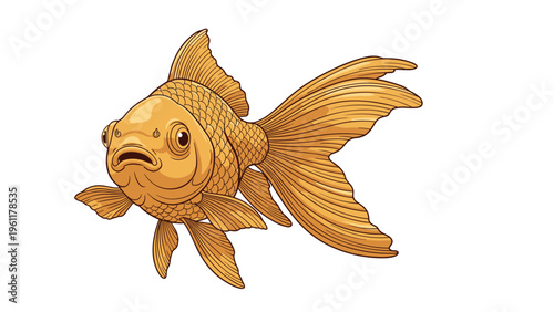 Beautiful goldfish illustration with long flowing fins and detailed orange scales is presented on a clean white background for design.