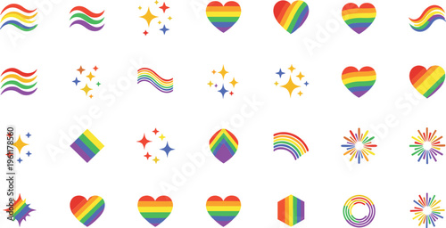 LGBTQ Pride symbols and icons in rainbow colors on white