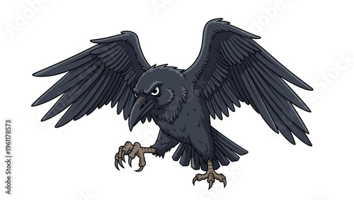 Strong black raven or crow character stands firmly with its wings spread wide and sharp claws visible on a clean white background area.
