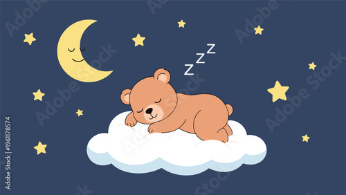Cute baby bear sleeps peacefully on a fluffy white cloud in a dark blue night sky filled with a crescent moon and many bright stars.