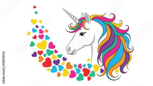 Detailed unicorn head with a vibrant rainbow mane and a long trail of colorful floating hearts against a clean white background space.