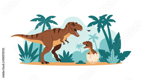 Fierce tyrannosaurus rex watches over a tiny baby dinosaur hatching from a spotted egg in a prehistoric tropical jungle with palm trees and ferns.