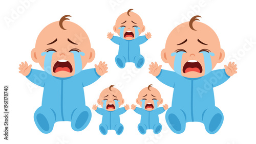 Set of crying baby icons showing infants in blue onesies with tears flowing and mouths open in a loud upset tantrum against a plain white background.