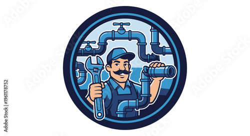 Skilled Plumber with Wrench and Pipe in Circular Emblem.