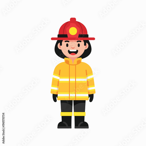Cartoon fireman in yellow uniform smiling.