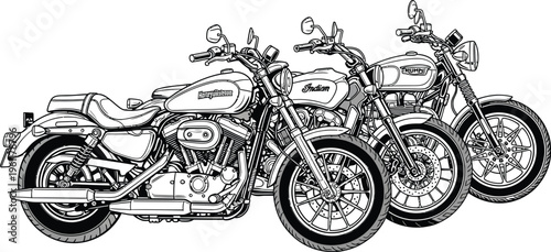 Detailed monochrome illustration showcasing a trio of classic American and British motorcycles lined up together, ideal for vintage vehicle enthusiasts and old-school design projects.