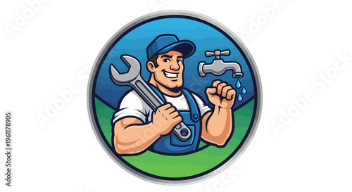 Smiling Plumber with Wrench and Leaky Faucet in Circular Emblem.